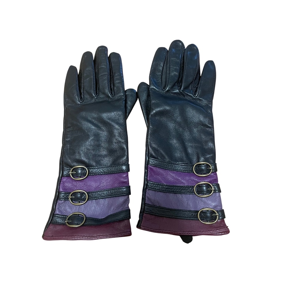 Leather Gloves Silk Lined Buckle Black Purple Small Fashion Expressions